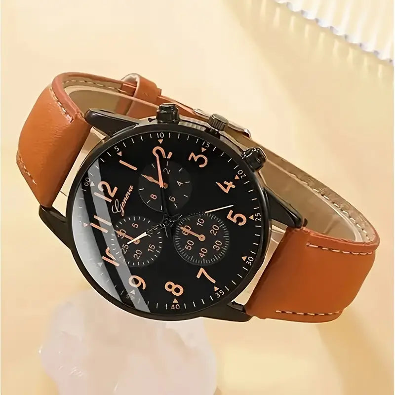 4-Pieces: Men's Fashion Brown Faux Leather Quartz Watch & Bracelet Set Free Shipping Get Authentic