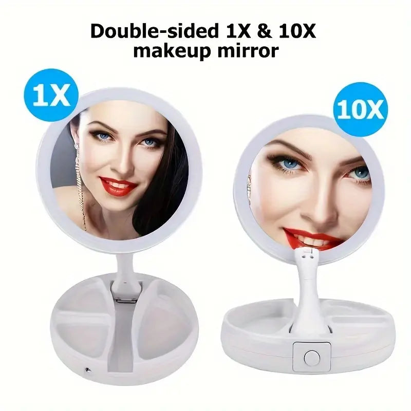 Foldable LED Vanity Mirror With Storage Box, Double-sided 1X & 10X Magnifying Retractable Mirror Official Site