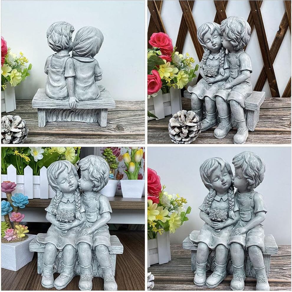 Boy Kissing Girl Statue Sitting on Bench Figurine Outlet 2025 Newest