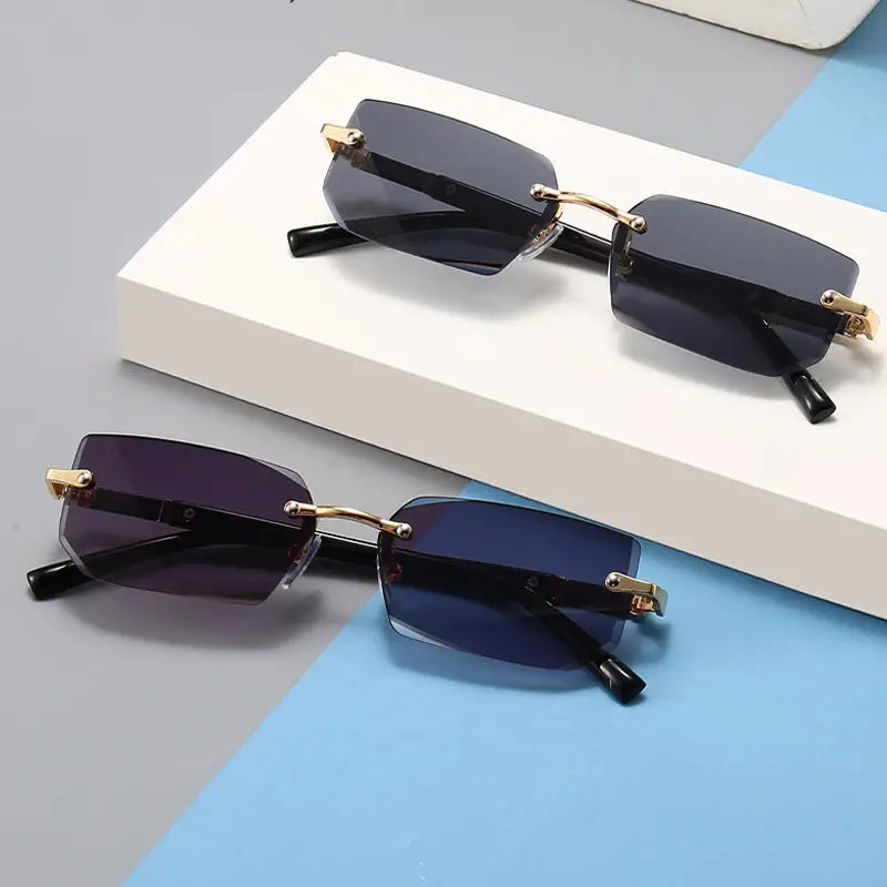 Square Rimless Vintage Sunglasses Stylish Design Golden Frame Black Hip Hop Sunglasses Clearance Latest