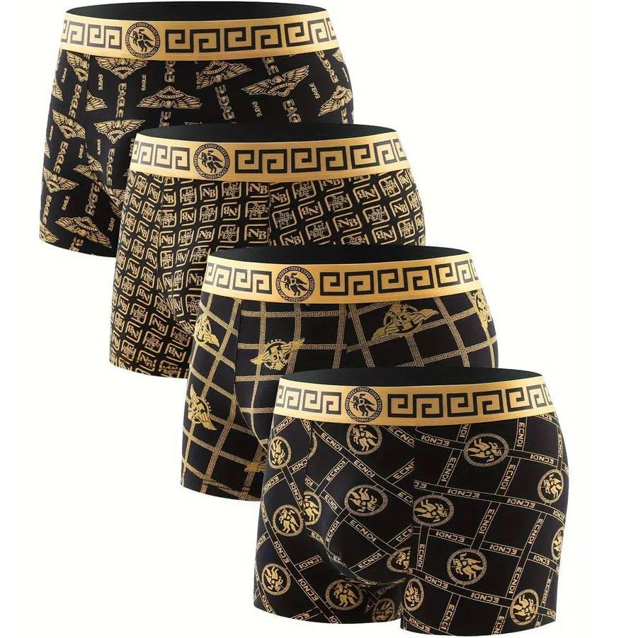 4-Pieces: Men's Luxury Black Golden Print Mid-Waist Boxer Brief Big Discount Online