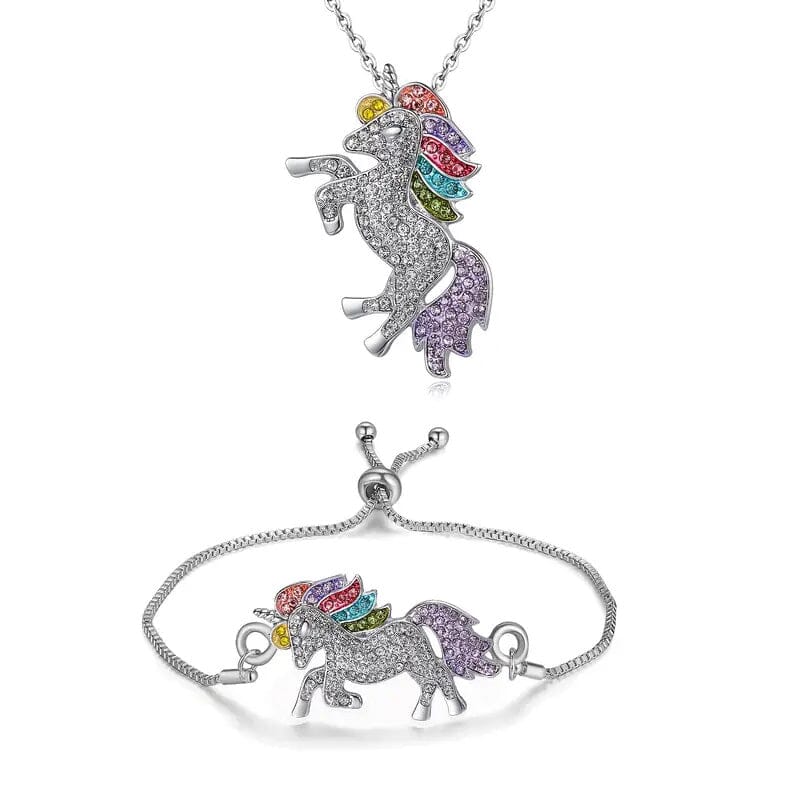 2-Piece Set: Rainbow-Colored Unicorn Necklace and Bracelet Choice For Sale
