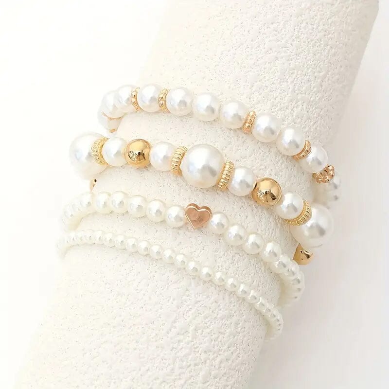 4-Pieces: Elegant White Faux Pearls Beaded Handmade Hand String Jewelry Set Cheap Cost