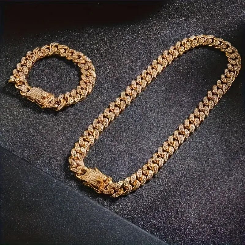 2-Piece Set: Unisex Hip Hop Cuban Chain Necklace and 8 Bracelet Clearance 2025