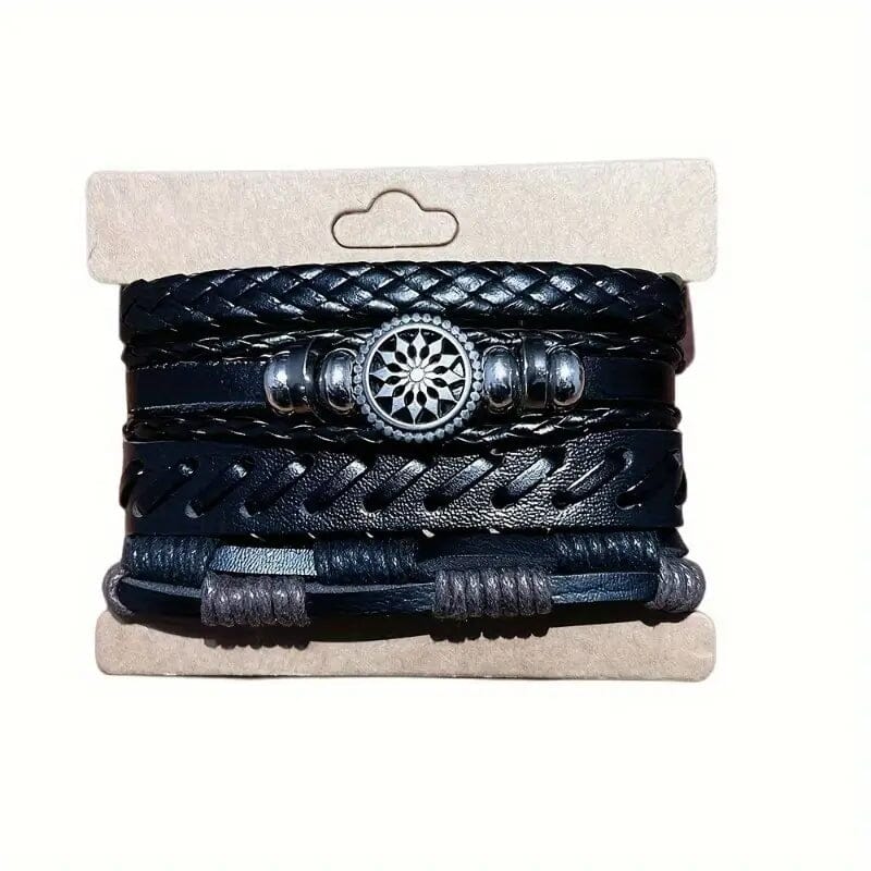 4-Piece Set: Exquisite Vintage-Style PU Leather Woven Handmade Charm Bracelets for Men Free Shipping Big Discount