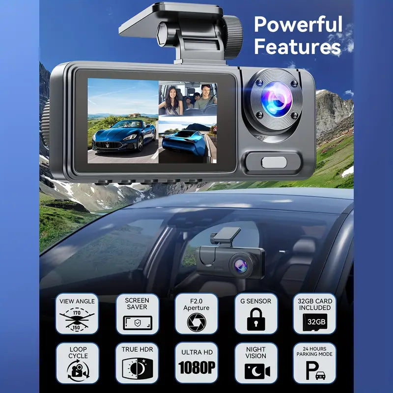 1080P Triple Dash Cam Front, Inside and Rear with 32GB Card, Night Vision, HDR & More Free Shipping Best Pices