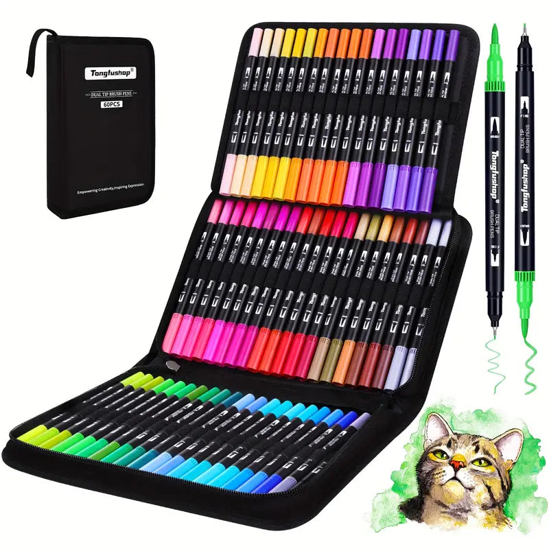 60-Piece Set: Dual Tip Brush Marker Set with Brush & Fineliner Pens Buy Cheap Footlocker