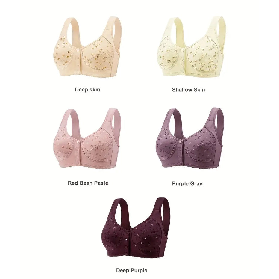 5-Pack: Large Size Soft Women's Printed Front Buckle Underwear, No Steel Ring Bra for Middle-aged and Elderly Women Professional