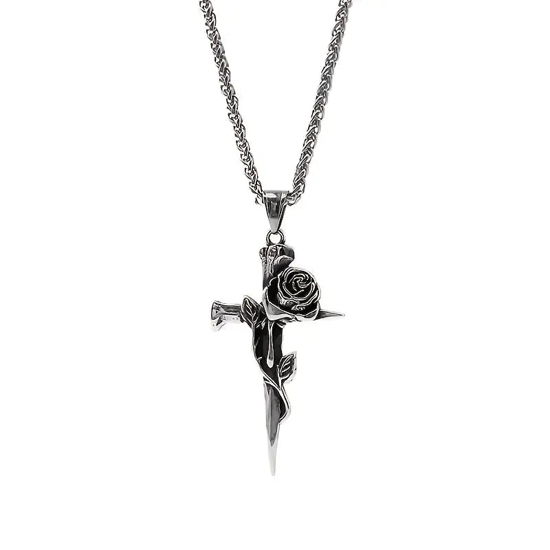 Vintage-Inspired Men's Titanium Steel Pendant Necklace - Unique Keel Chain Design with Cross and Rose Accents Cheap Pice Outlet