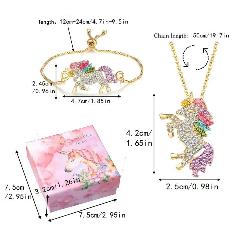 2-Piece Set: Rainbow-Colored Unicorn Necklace and Bracelet Choice For Sale