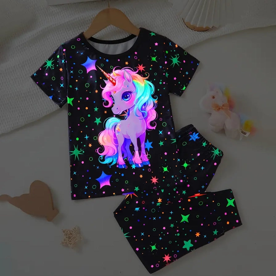 2-Piece Set: Cute Starry Unicorn Pattern Short Sleeve Top + Jogger Pants Co-ords Set From China Sale Online