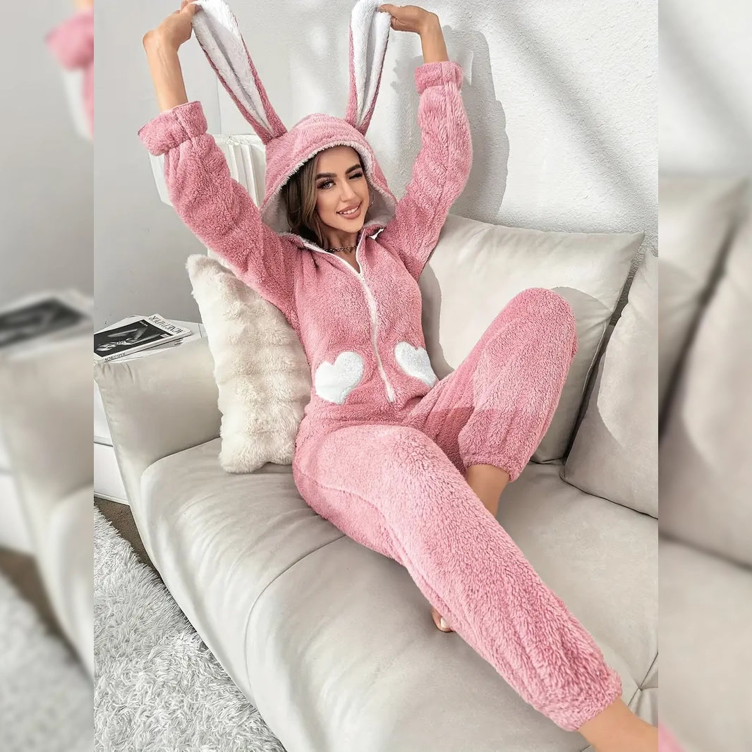 Cute Bunny Fuzzy Hooded Night Jumpsuit Get Authentic