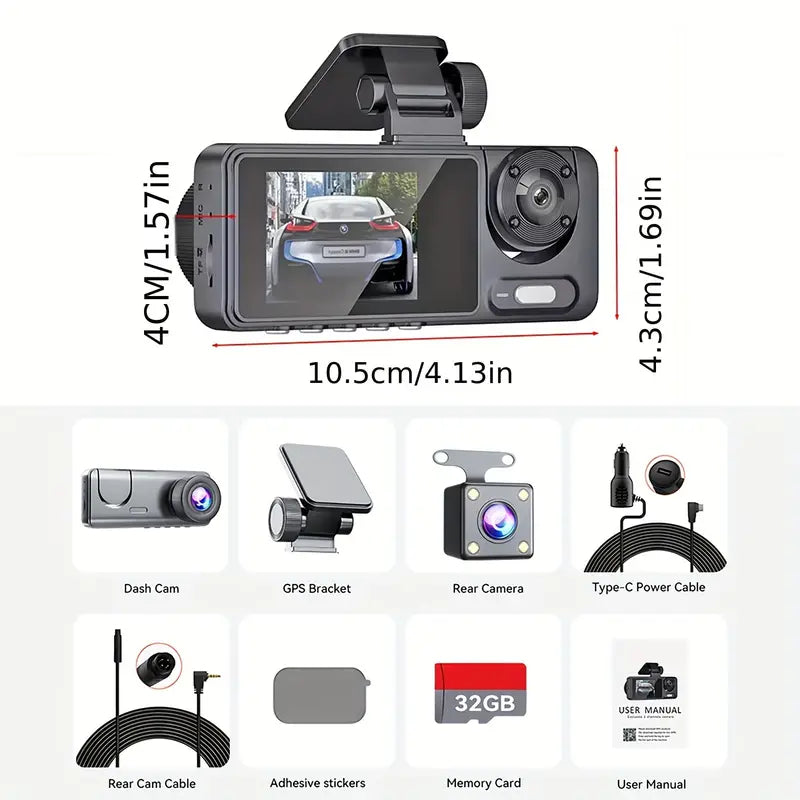 1080P Triple Dash Cam Front, Inside and Rear with 32GB Card, Night Vision, HDR & More Free Shipping Best Pices