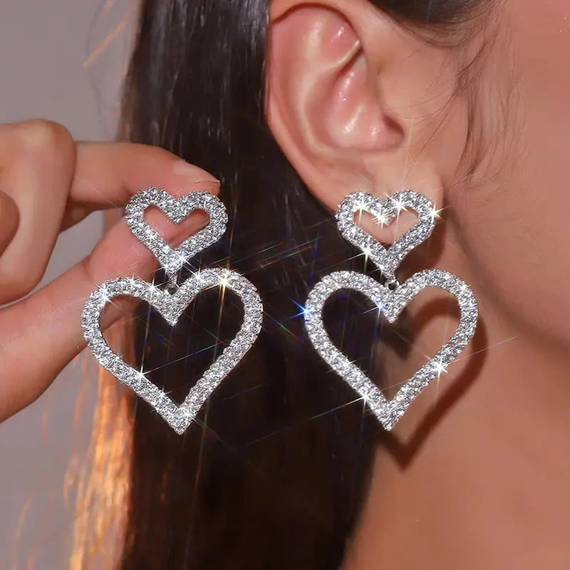 Chic Double Heart Rhinestone Stud Earrings Cheap Pice Original