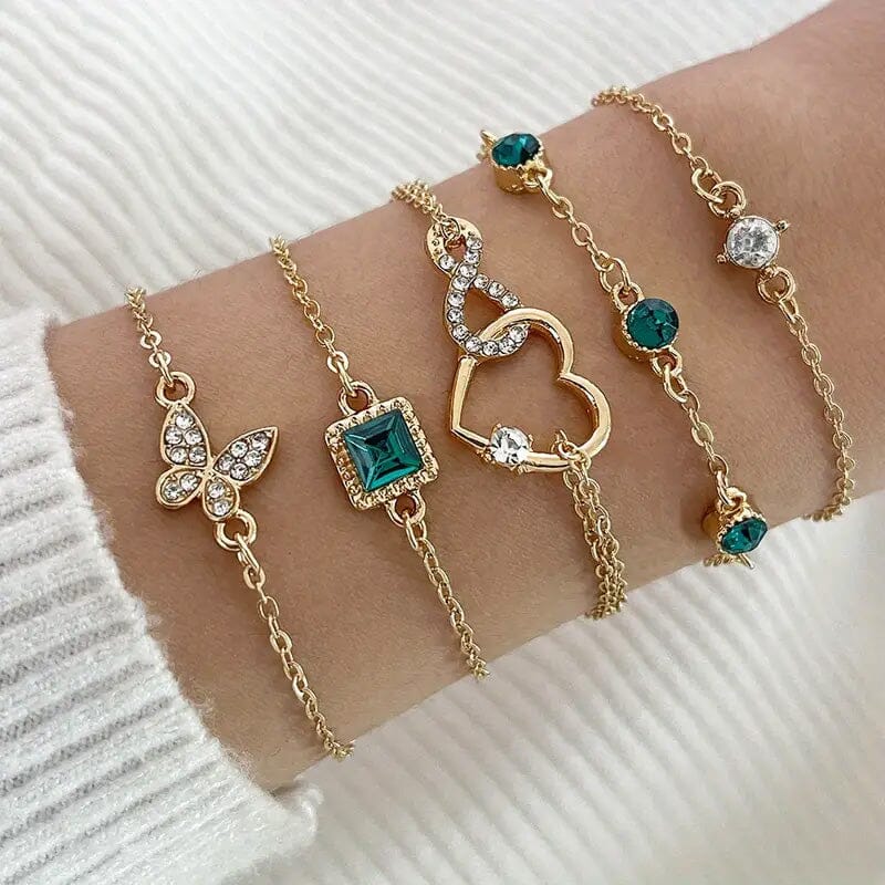 5-Pieces: Love Full Throw Diamond Shining Infinite Symbol Geometry Green Rhinestone Bracelet Set Authentic For Sale