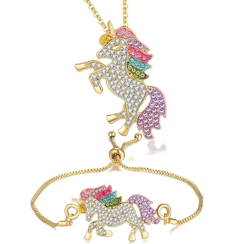 2-Piece Set: Rainbow-Colored Unicorn Necklace and Bracelet Choice For Sale