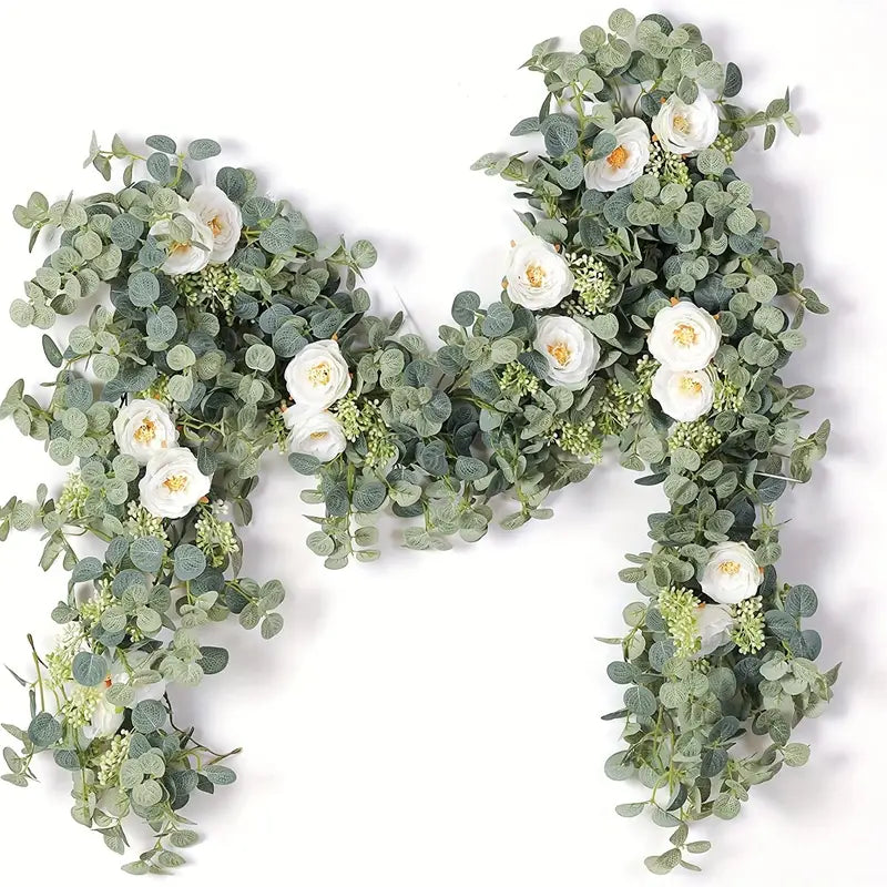 Artificial Eucalyptus Garland With Fake Roses & Gypsophila, Faux Floral Greenery Fashionable