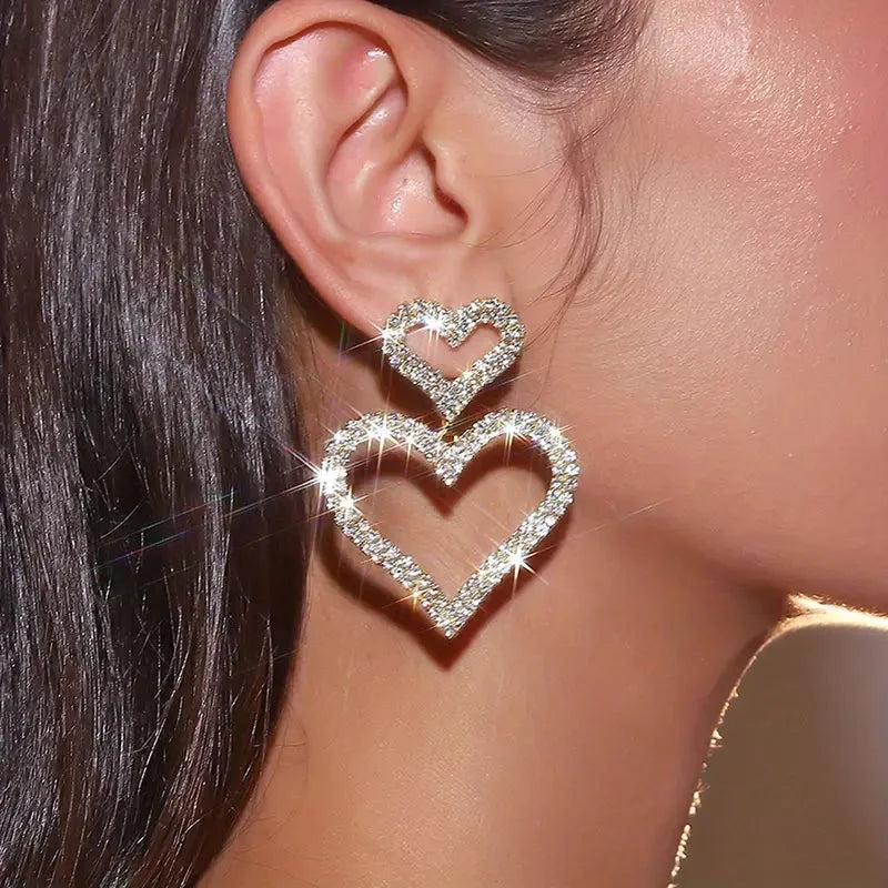 Chic Double Heart Rhinestone Stud Earrings Cheap Pice Original