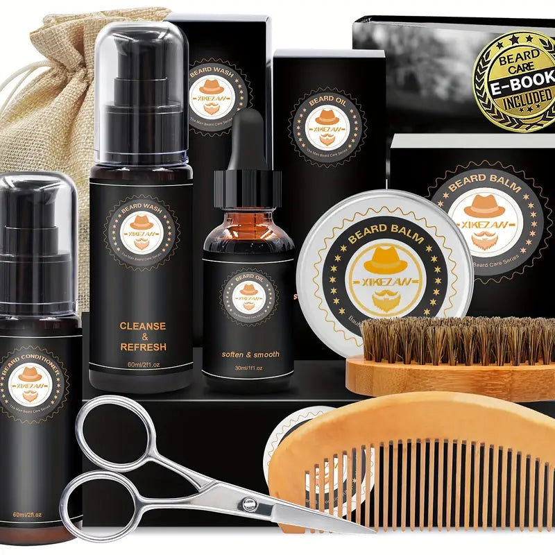 Grooming Kit w/Beard Conditioner, Oil, Balm, Brush, Wash, Comb, Scissor, Bag, E-Book For Sale Wholesale Pice