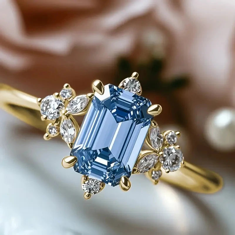 Elegant Gold-Plated Copper Engagement Ring with Square Blue Cubic Zirconia Free Shipping For Sale