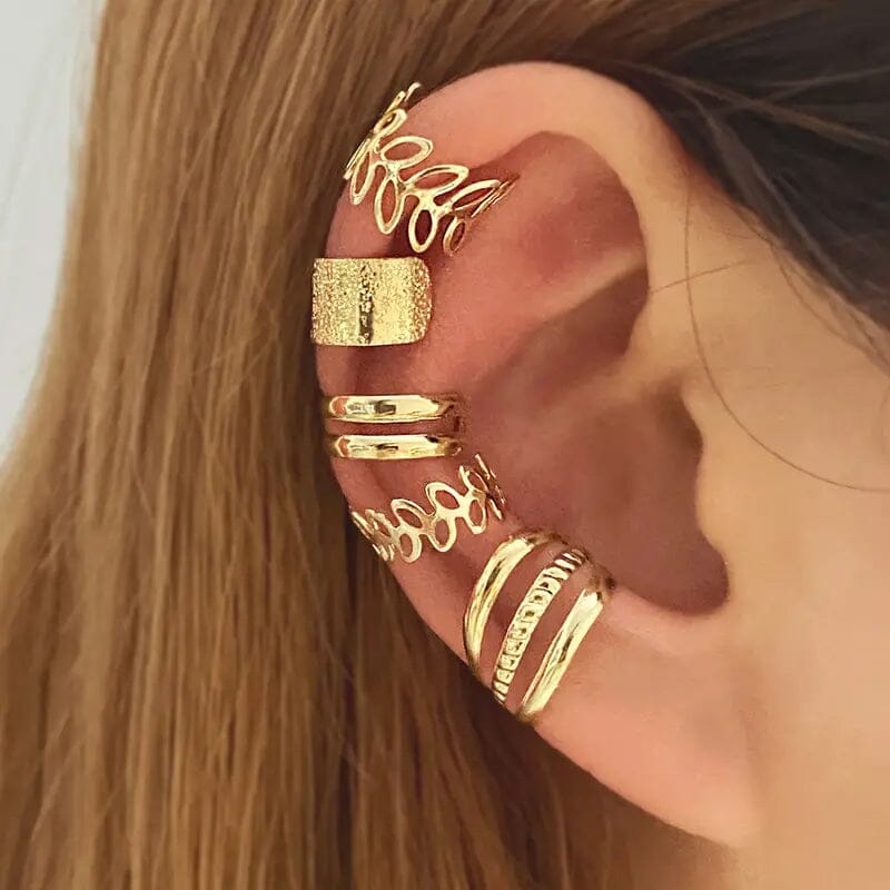 5-Pieces: Golden Leaf Cutout Ear Clips Discount Outlet Store