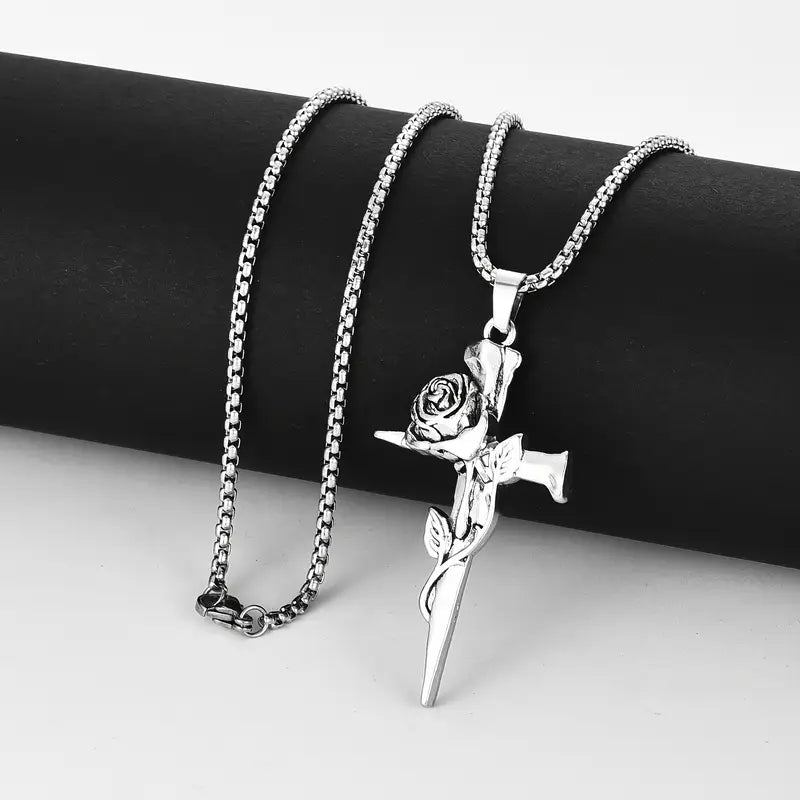 Vintage-Inspired Men's Titanium Steel Pendant Necklace - Unique Keel Chain Design with Cross and Rose Accents Cheap Pice Outlet