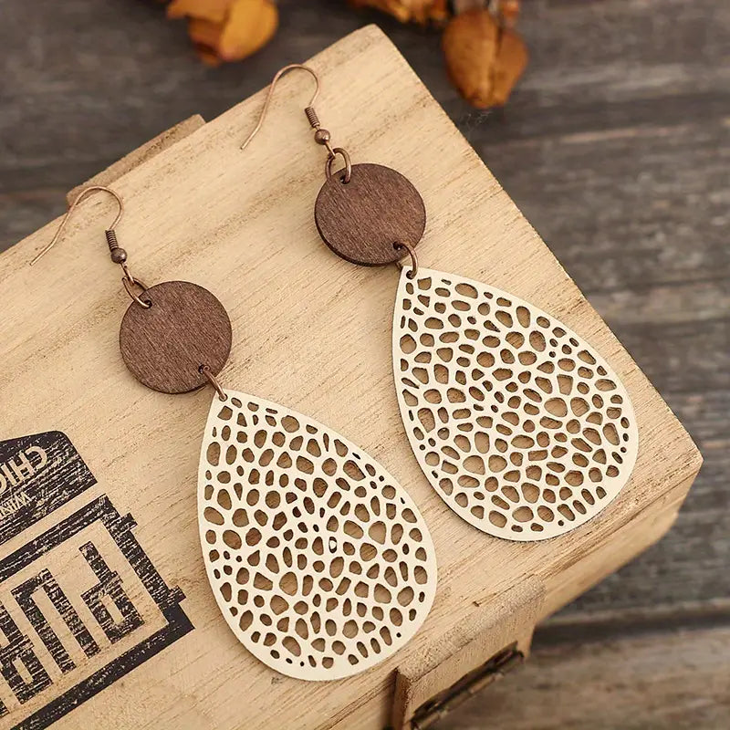 Vintage Hollow Leaf Shape PU Leather Earrings Cheap Sale Outlet