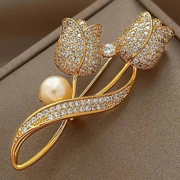 Exquisite Tulip-Shaped Faux Pearl Brooch Adorned with Artificial Diamond How Much Cheap Online