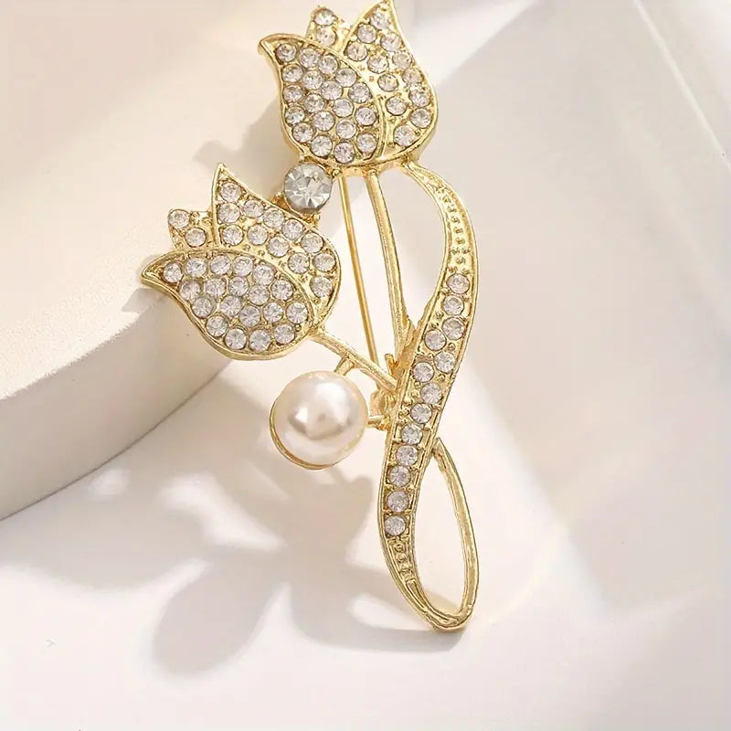 Exquisite Tulip-Shaped Faux Pearl Brooch Adorned with Artificial Diamond How Much Cheap Online