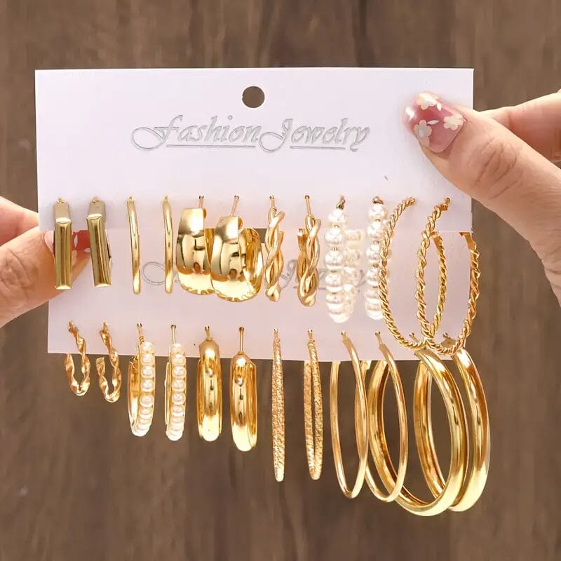 12-Pairs: Gold Hoop Earrings with Faux Pearl Decor Set Outlet 2025 New