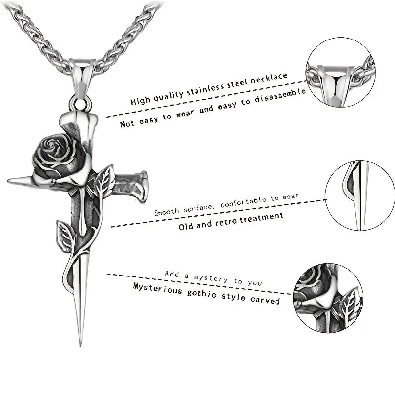 Vintage-Inspired Men's Titanium Steel Pendant Necklace - Unique Keel Chain Design with Cross and Rose Accents Cheap Pice Outlet