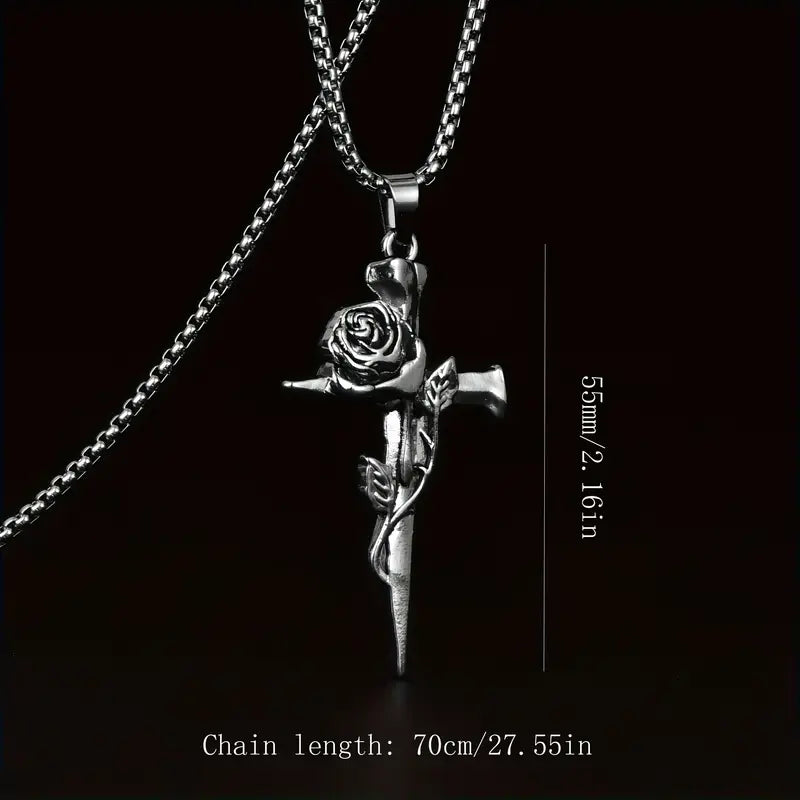 Vintage-Inspired Men's Titanium Steel Pendant Necklace - Unique Keel Chain Design with Cross and Rose Accents Cheap Pice Outlet