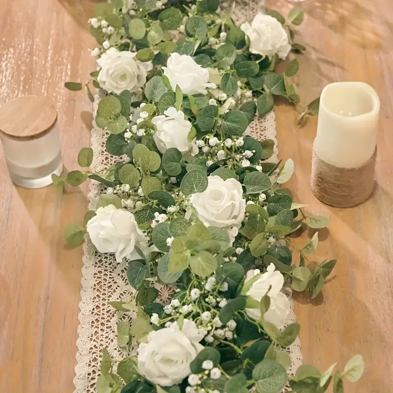 Artificial Eucalyptus Garland With Fake Roses & Gypsophila, Faux Floral Greenery Fashionable