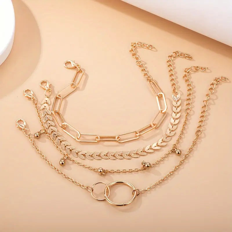 4-Pieces: Vintage Leaf Pendant Hand Chain Bracelet Set For Women Recommend Cheap Pice