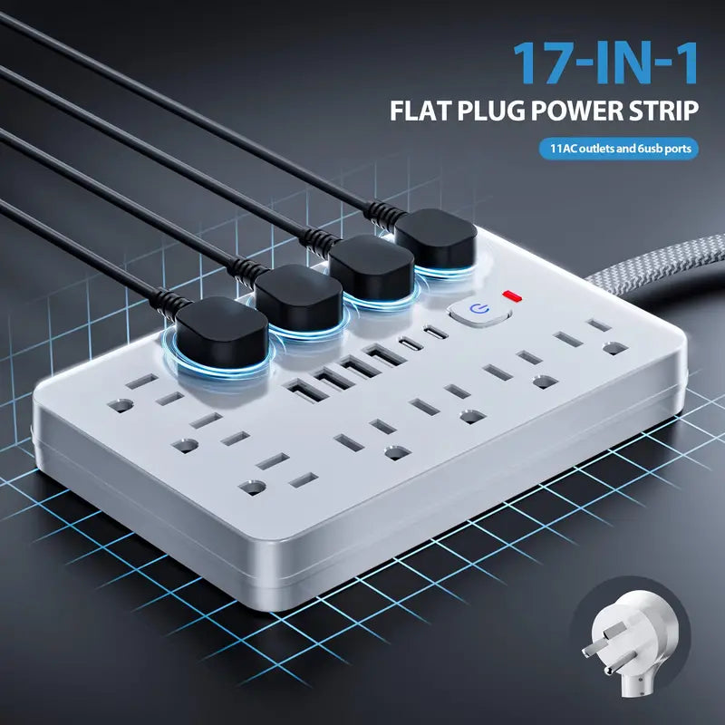 17-in-1 Surge Protector Power Cord 5Ft Braided Flat Extension Cable with 6 USB Chargers, 2 USB C, 11 AC Power Outlets Free Shipping View