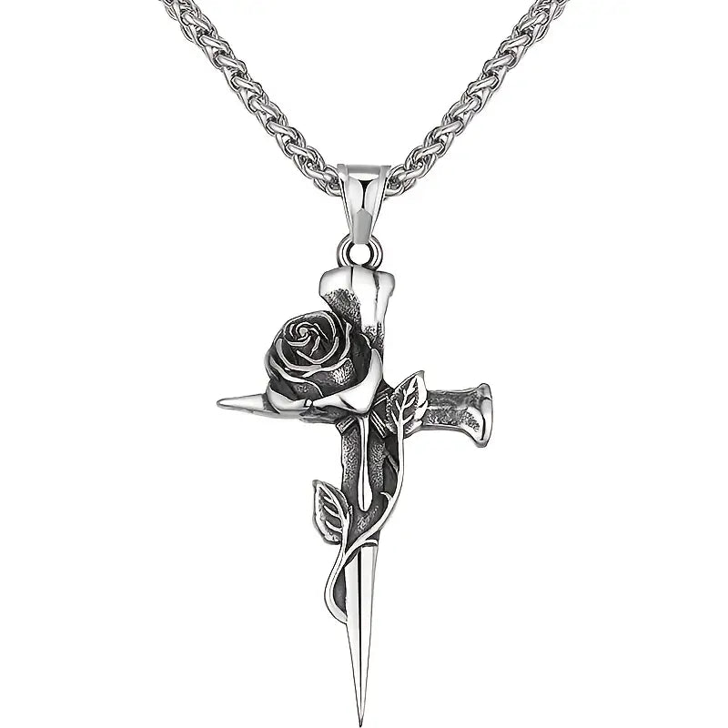 Vintage-Inspired Men's Titanium Steel Pendant Necklace - Unique Keel Chain Design with Cross and Rose Accents Cheap Pice Outlet