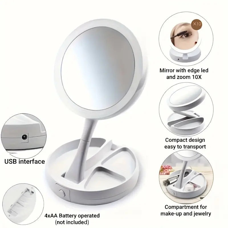 Foldable LED Vanity Mirror With Storage Box, Double-sided 1X & 10X Magnifying Retractable Mirror Official Site