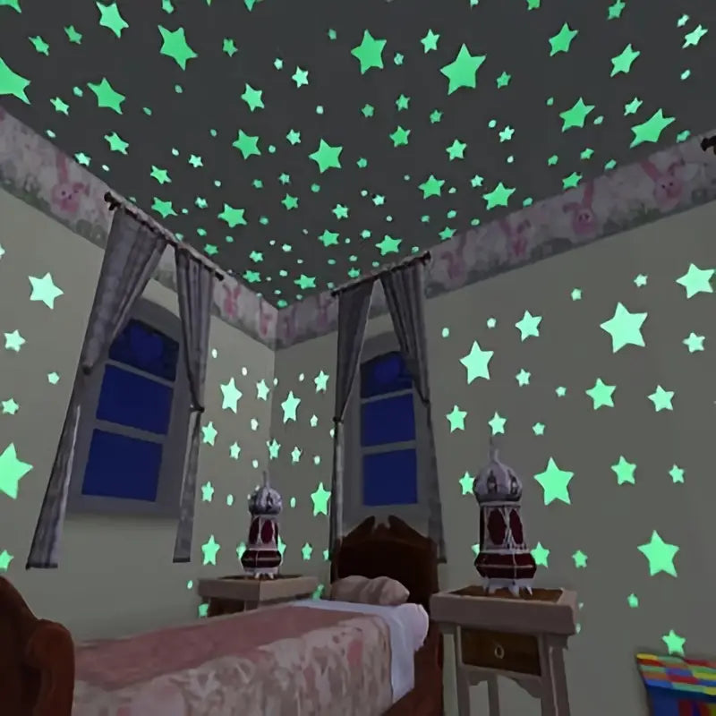 100-Pieces: Glow-in-the-Dark Fluorescent Wall & Ceiling Star Stickers Huge Surprise