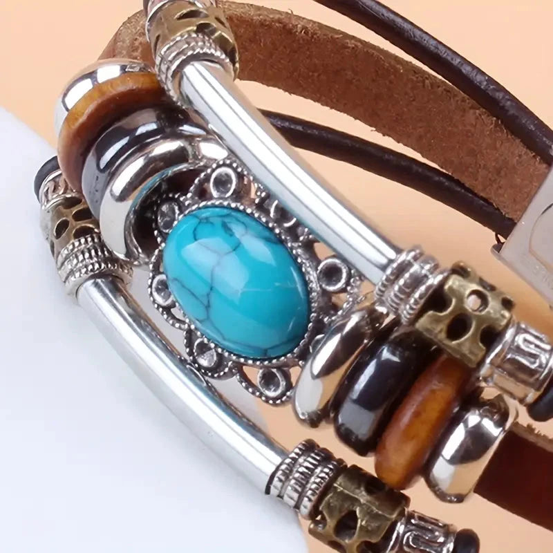Vintage Style Green Turquoise Beaded PU Leather Stainless Steel Buckle Bracelet Cheap Sale Supply