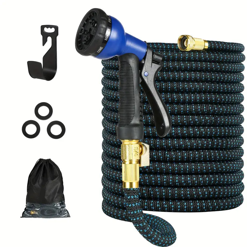 100ft Lightweight & No-Kink Flexible Garden Hose - 8 Function Nozzle, 3/4 Inch Solid Brass Fittings Clearance Outlet