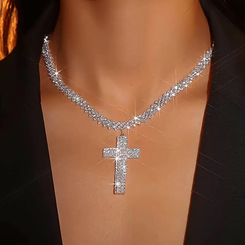 Sterling Silver 925 Luxury Cross Pendant Necklace with Multi-Layer Zircon and Sparkling Rhinestones Cheap Visa Payment