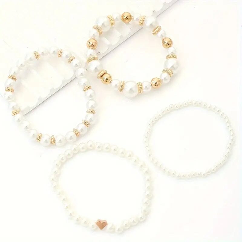 4-Pieces: Elegant White Faux Pearls Beaded Handmade Hand String Jewelry Set Cheap Cost