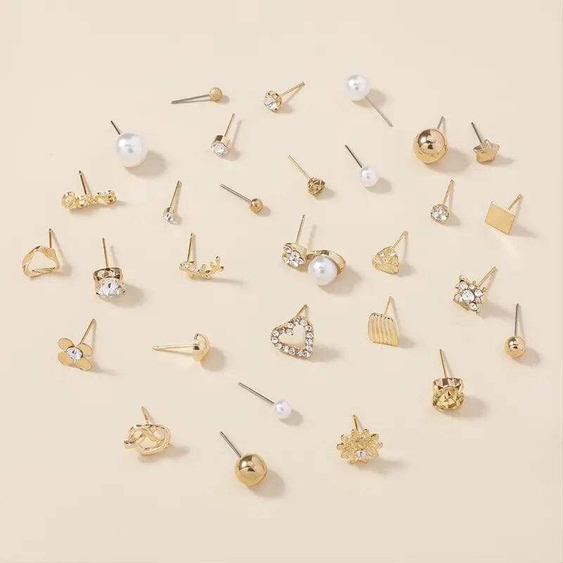 30-Pairs: Alloy Full Rhinestones Love Round Faux Pearl Letter Stud Earrings Set Low Pice Fee Shipping For Sale