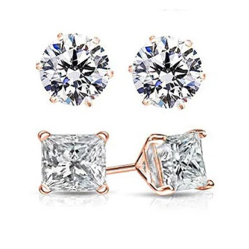 2 Pairs: Round and Princess Cut Rose Gold Stud Earrings Sale Finishline