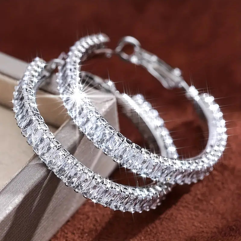 Full Rectangular Shiny Synthetic Zirconia Decorative Hoop Earrings Popular
