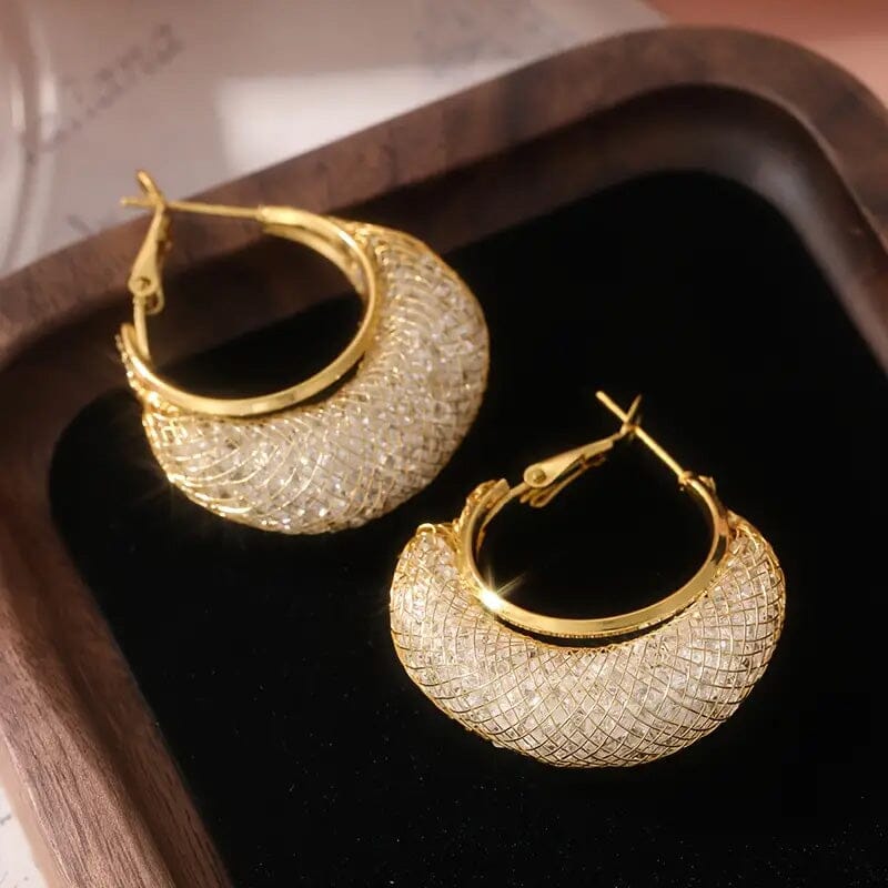 Elegant Crescent Mesh Hoop Earrings with Sparkling Cubic Zirconia Cheap Sale Fashionable