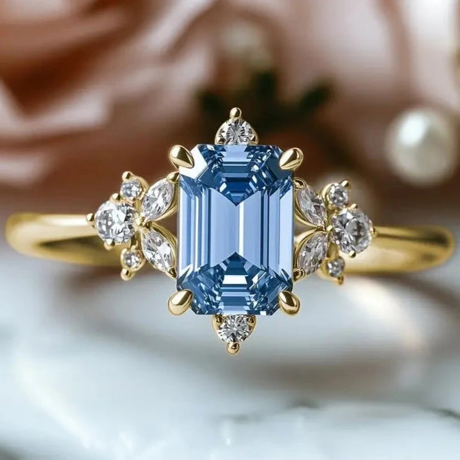 Elegant Gold-Plated Copper Engagement Ring with Square Blue Cubic Zirconia Free Shipping For Sale