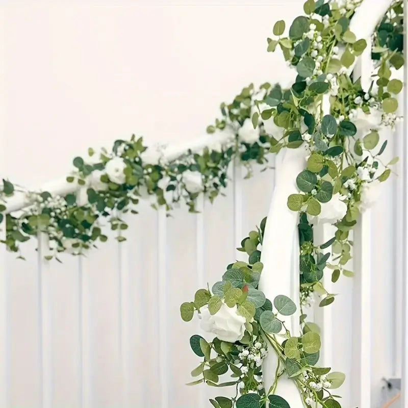 Artificial Eucalyptus Garland With Fake Roses & Gypsophila, Faux Floral Greenery Fashionable