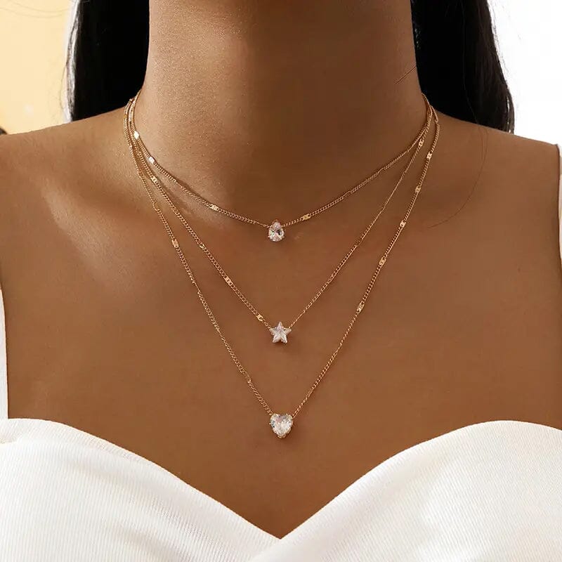 Crystal Zirconia Heart Star Charm Layered Pendant Necklace Sale Low Shipping Fee