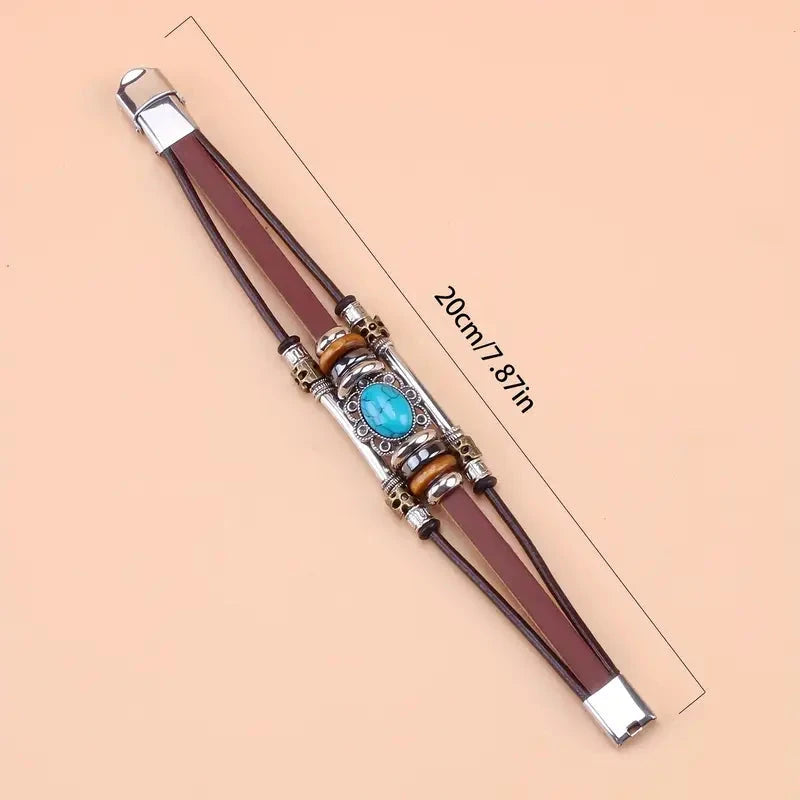 Vintage Style Green Turquoise Beaded PU Leather Stainless Steel Buckle Bracelet Cheap Sale Supply